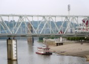 A view of the Ohio River and several other bridges from the Purple People Bridge.