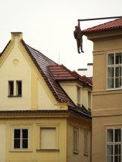 Statue of a hanging man that can be viewed from the Communist headquarters. The man is supposed to represent Sigmund Freud.