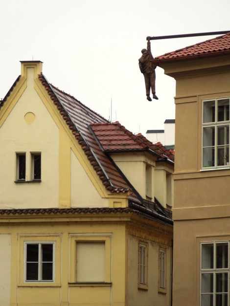 Statue of a hanging man that can be viewed from the Communist headquarters. The man is supposed to represent Sigmund Freud.
