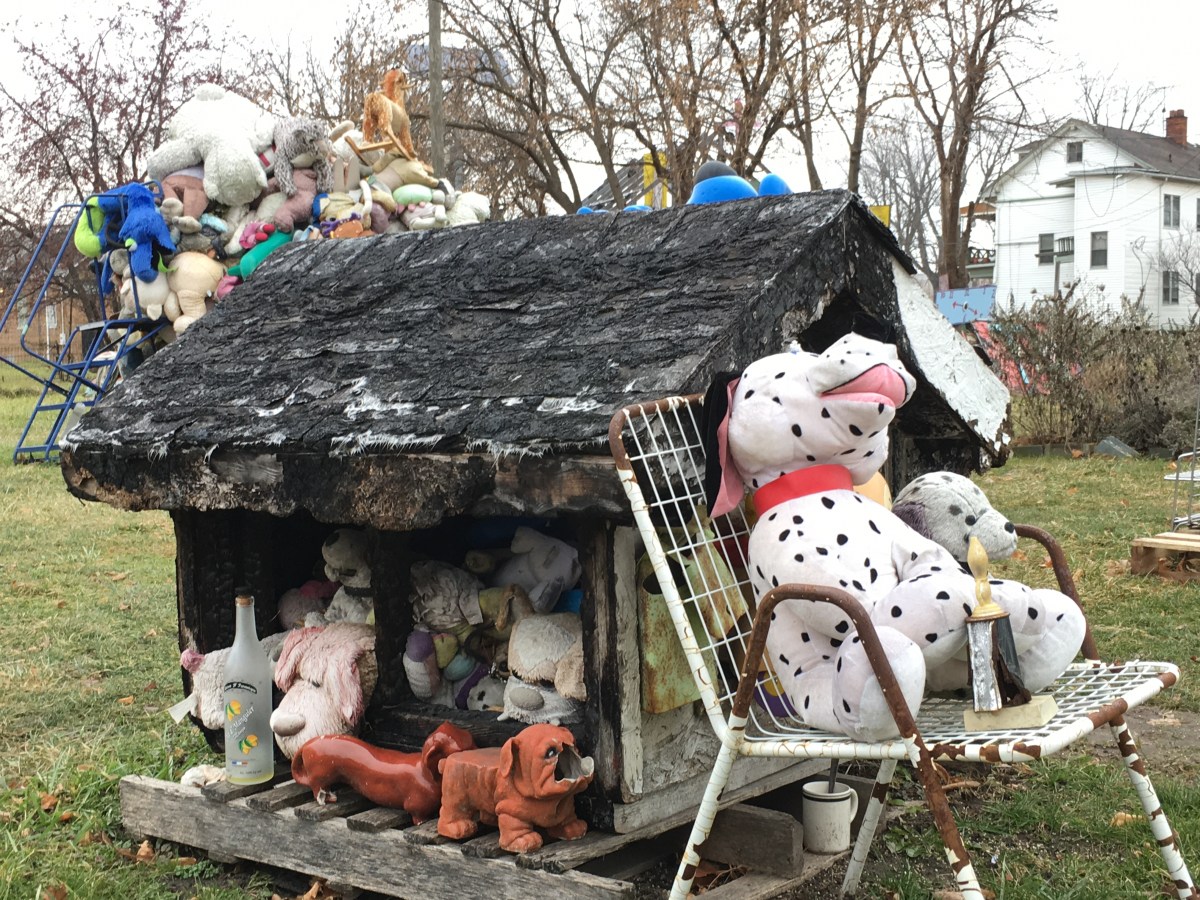 Junk as art stuffed animals doghouse toys